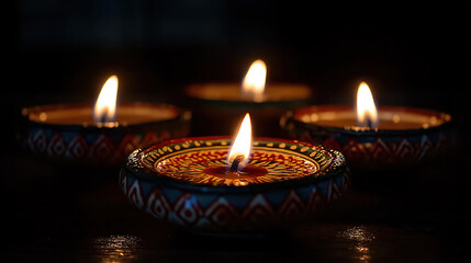 Diwali celebration featuring a collection of lit diya lamps creating a warm festive glow