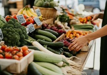 Woman shopping for fresh organic produce at a local farmers market, choosing the best zucchinis on display