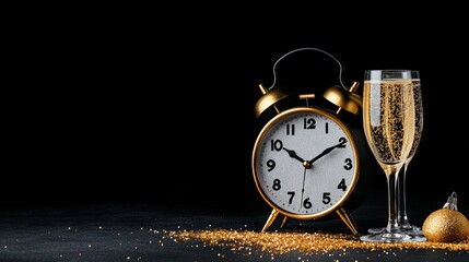Classic alarm clock next to a champagne glass, festive celebration concept.