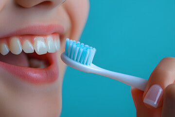 Woman is brushing her teeth with a blue toothbrush