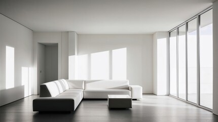 A minimalist living room with a white sectional sofa, sleek furniture, and natural lighting, creating a serene and modern space with clean aesthetics.