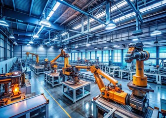 Futuristic Smart Factory Interior Showcasing Advanced Automation and Robotics in Industry 4.0 Setting