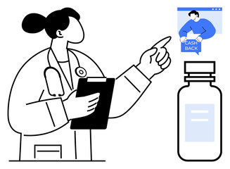 A healthcare professional with a stethoscope and clipboard points towards an online cashback offer related to purchasing medication. Ideal for medical services, online pharmacies, digital health
