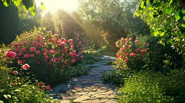 A stone path winds through a lush garden with blooming pink roses in the morning sunlight
