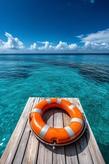Obraz premium Bright orange lifebuoy resting on a wooden dock above clear blue water under a sunny sky