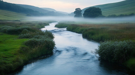 Fototapeta premium A river flowing through a serene valley, with mist rising in the early morning.