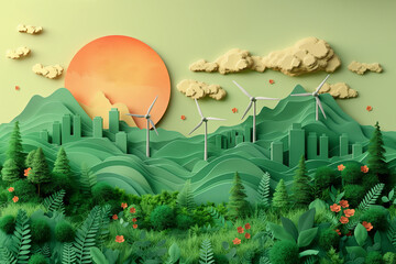 Renewable and sustainable energy in the paper art style. A green city with trees, buildings, wind turbines