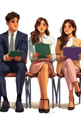Obraz premium Three young adults sit nervously in a waiting area, holding green and purple folders