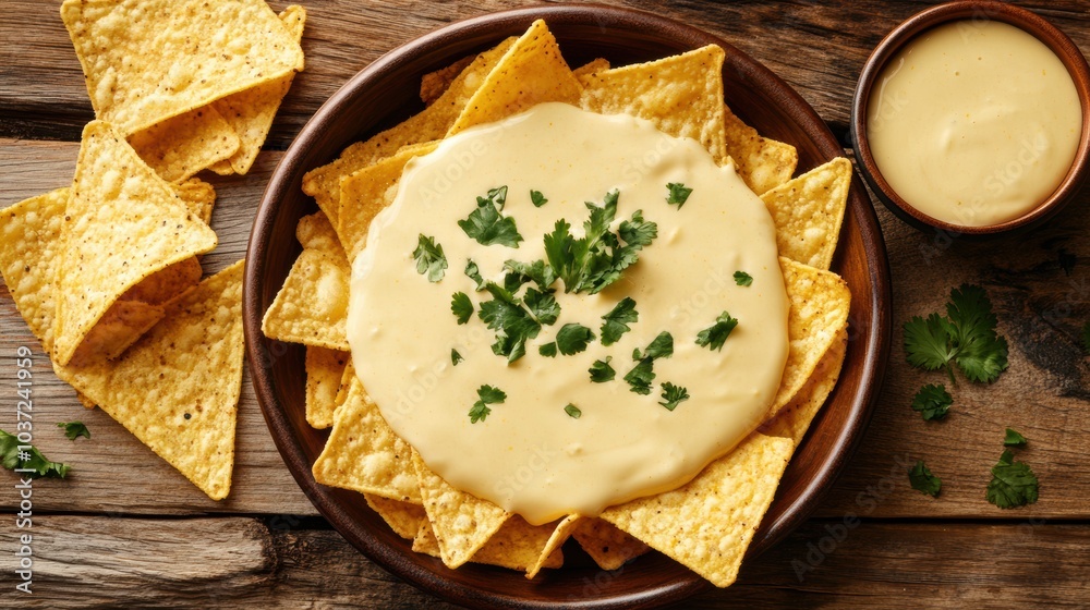 Poster a tempting arrangement of corn chips topped with rich cheese sauce and garnished with cilantro on a 