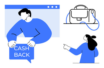 Person holding cash back sign in browser window and woman pointing to shoulder bag. Ideal for online shopping, e-commerce, cash back programs, promotional events, digital marketing. Modern