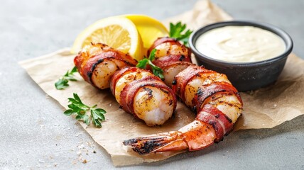 Grilled shrimp wrapped in bacon with lemon and sauce on textured background.