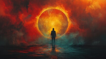 A silhouetted figure stands before a glowing, fiery sun in a dramatic, surreal landscape.