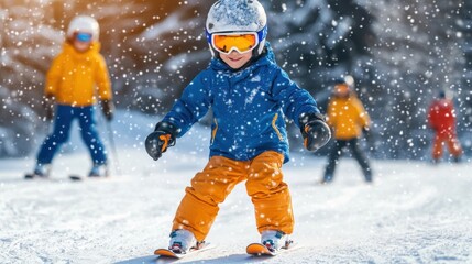 Young child skiing on snowy slopes in a winter wonderland with playful friends at a ski resort