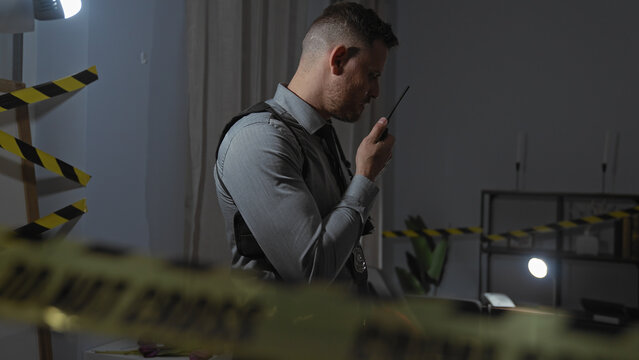 A young man communicates via radio at a dimly-lit indoor crime scene with caution tape