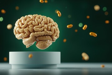 A human brain model levitating with floating particles, creating a surreal visual effect.
