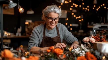 Elderly woman crafting floral arrangements in a cozy flower shop with warm lighting