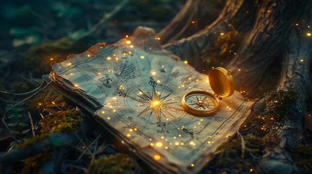 A cryptic map and a golden compass in a brightly flashing woodland