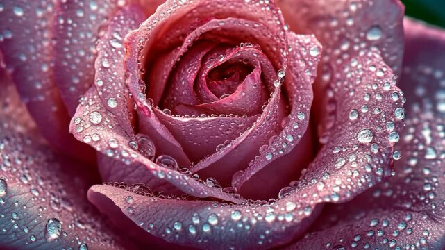 A close-up of a pink rose covered in dew drops