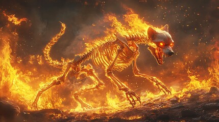 A fiery, skeletal dog-like creature emerges from a bed of flames, its eyes glowing red.