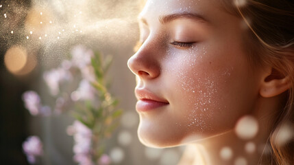 Fototapeta premium Woman with Closed Eyes and Face Covered in Sparkling Water Drops