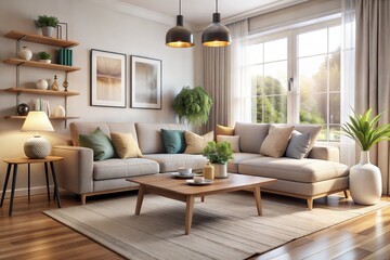 Cozy modern living room with sectional sofa and plants