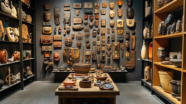 A collection of traditional masks and artifacts are displayed on the walls of an art gallery