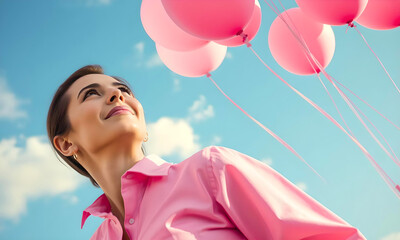 Femme sereine et ballons roses 