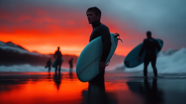 Surfers prepare for an evening session at the beach under a vivid sunset glow