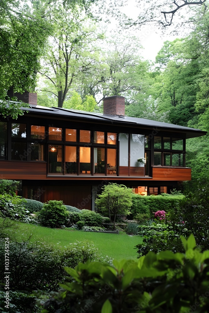 Poster a modern house surrounded by lush greenery, featuring large windows and a stylish design that blends