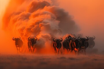 Fototapeta premium Wildebeests running through a dusty landscape at sunset in the African savannah