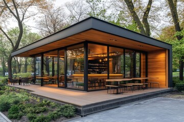 A modern building with a large glass front and wooden accents