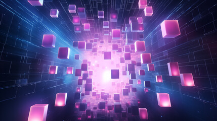 floating in space surrounded by glowing cubes, designed to showcase futuristic technology or gaming graphics