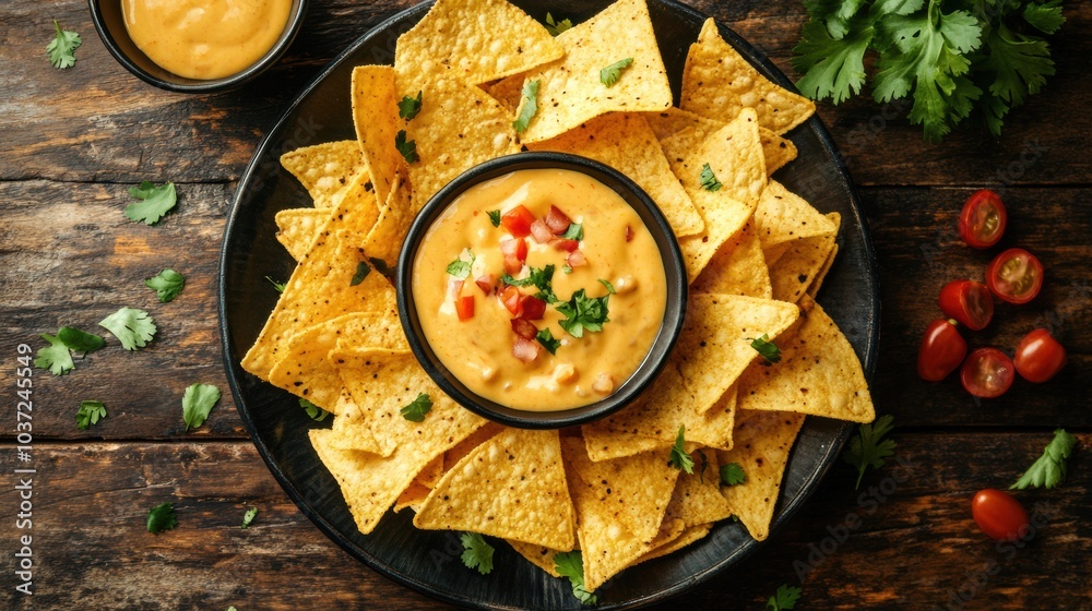 Poster a generous serving of crunchy corn chips topped with creamy cheese sauce and fresh vegetables, perfe