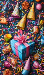 A colorful birthday party with a gift and confetti.