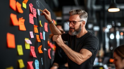 Collaborative brainstorming session at an office with sticky notes on a black wall