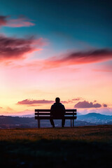 Obraz premium A figure sits on a bench looking at a desolate landscape, loneliness, contemplating the emptiness of life.