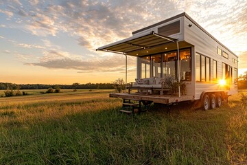 Obraz premium A tiny home on wheels sits in a field at sunset.