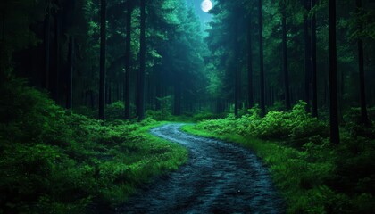 Fototapeta premium A long path leads into the dense forest, under the moonlight, traveling, lost in the journey of life