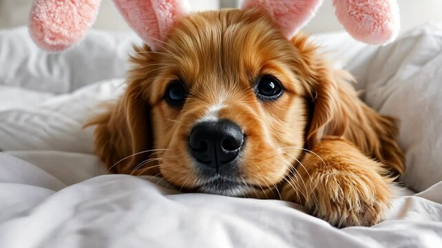 A cute puppy with pink bunny ears lays on a white bed