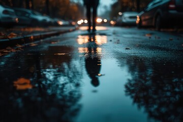 Shadow of a person on a rainy street, distorted by puddles, identity, fragmented self