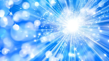 A bright blue background with rays of light and sparkles, suitable for summer or sunshine themes. Vector illustration. The blue sun shines brightly in the center of the frame, surrounded by sparkling