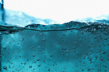 Close-up of clear blue water with bubbles, isolated on a white background. Perfect for water-related designs and ads