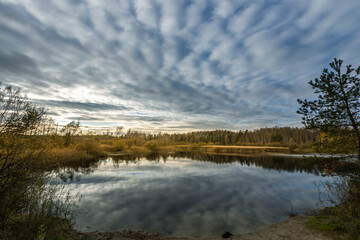 Fototapeta premium A calm lake with a cloudy sky in the background