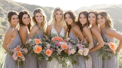 Bridal party posing in matching dresses with bouquets of fresh flowers in a scenic outdoor location