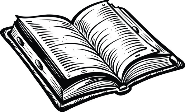 recommend clip art: Old Book Open Engraving Illustration – Black and White Detailed Art on White Background