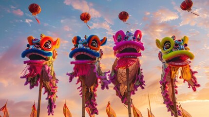 Colorful Lion Dance Performances Against a Vibrant Sunset