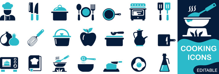 Solid vector cooking icon set featuring chef, recipe, restaurant, ingredients, cook, knife, cutting board, pan, and oven symbols for culinary and food-related design projects.