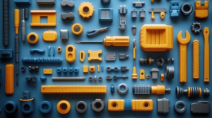 A vibrant arrangement of various tools and mechanical parts on a blue background.