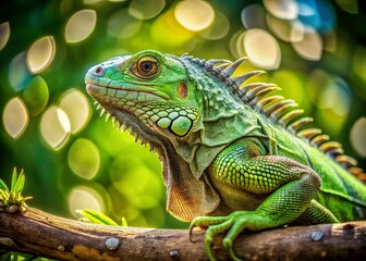 Fototapeta premium Green Iguana Crawling on a Branch in Nature – Captivating Wildlife Photography