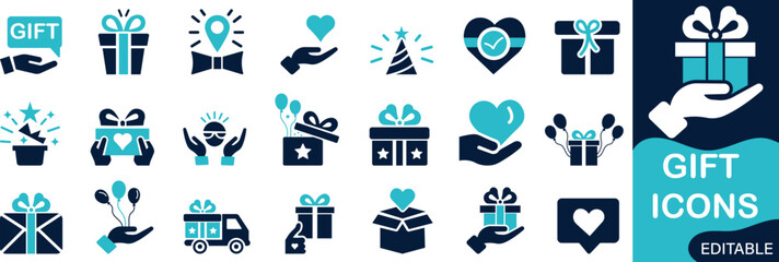gift icon set featuring offer, surprise, gift idea, birthday, bonus, award, Christmas, discount, and gift box symbols for celebration and ecommerce design projects